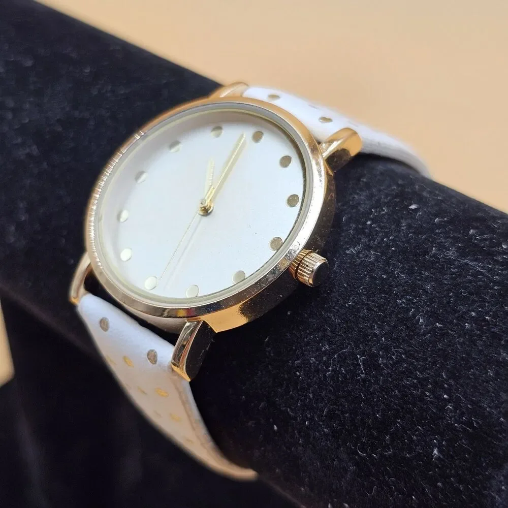 Vintage Ladies White Dial Gold Polkadot Quartz Watch New Battery Adjustable Band